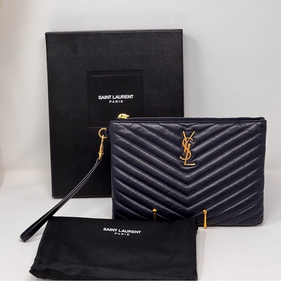 Yves Saint Laurent Handbags - 💯Authentic YSL Navy Blue Cassandra Chevron  Wristlet
